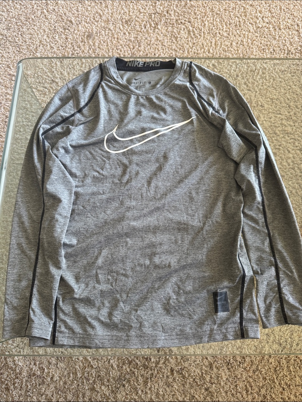 Nike pro dri fit Long-Sleeve Gray Performance Top with White Swoosh